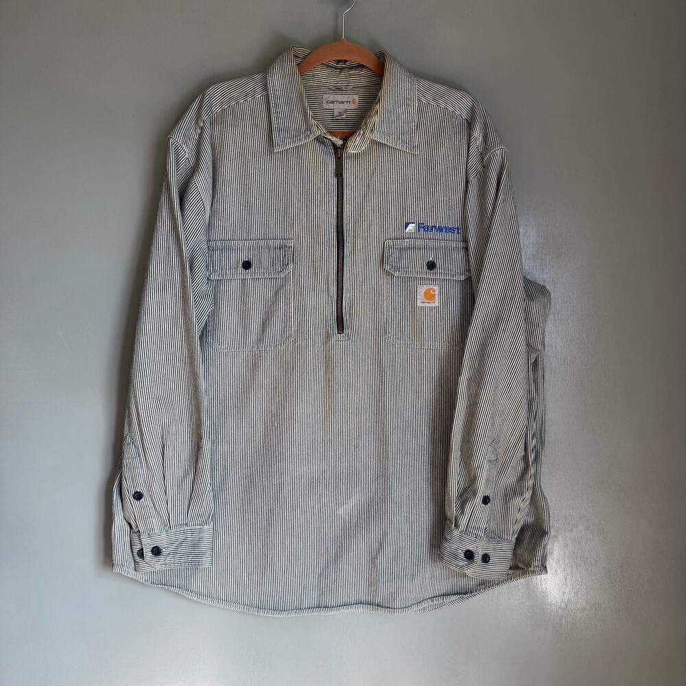 Vintage CARHARTT Men's XL Blue Stripe 1/4 Zip Farwest Utility Work Shirt Patina